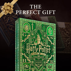 Theory11 Harry Potter playing cards green Slytherin box detail ornate gold embossing.