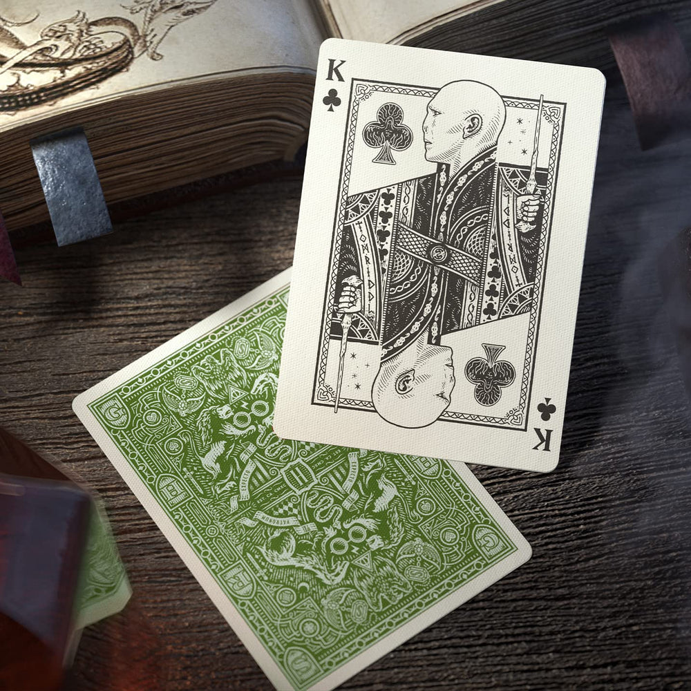 Theory11 Harry Potter playing cards green Slytherin foil embossing and color accents.