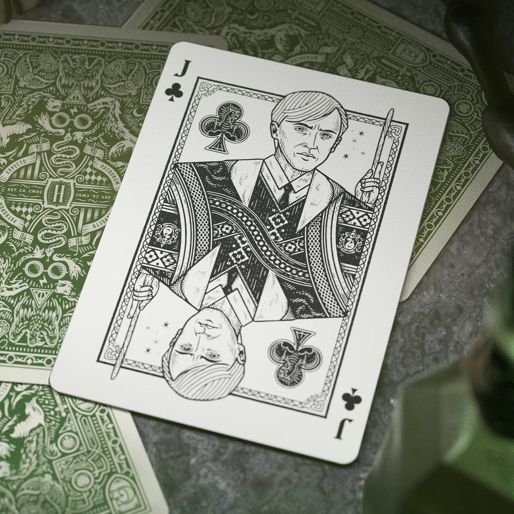 Theory11 Harry Potter playing cards green Slytherin Nimbus 2000 motif.