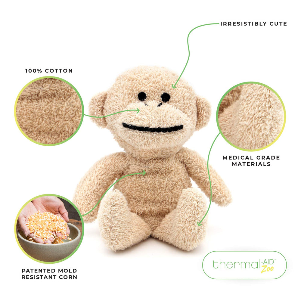 Thermal-Aid Zoo Mini Jo Jo Monkey warming pad provides gentle heat.