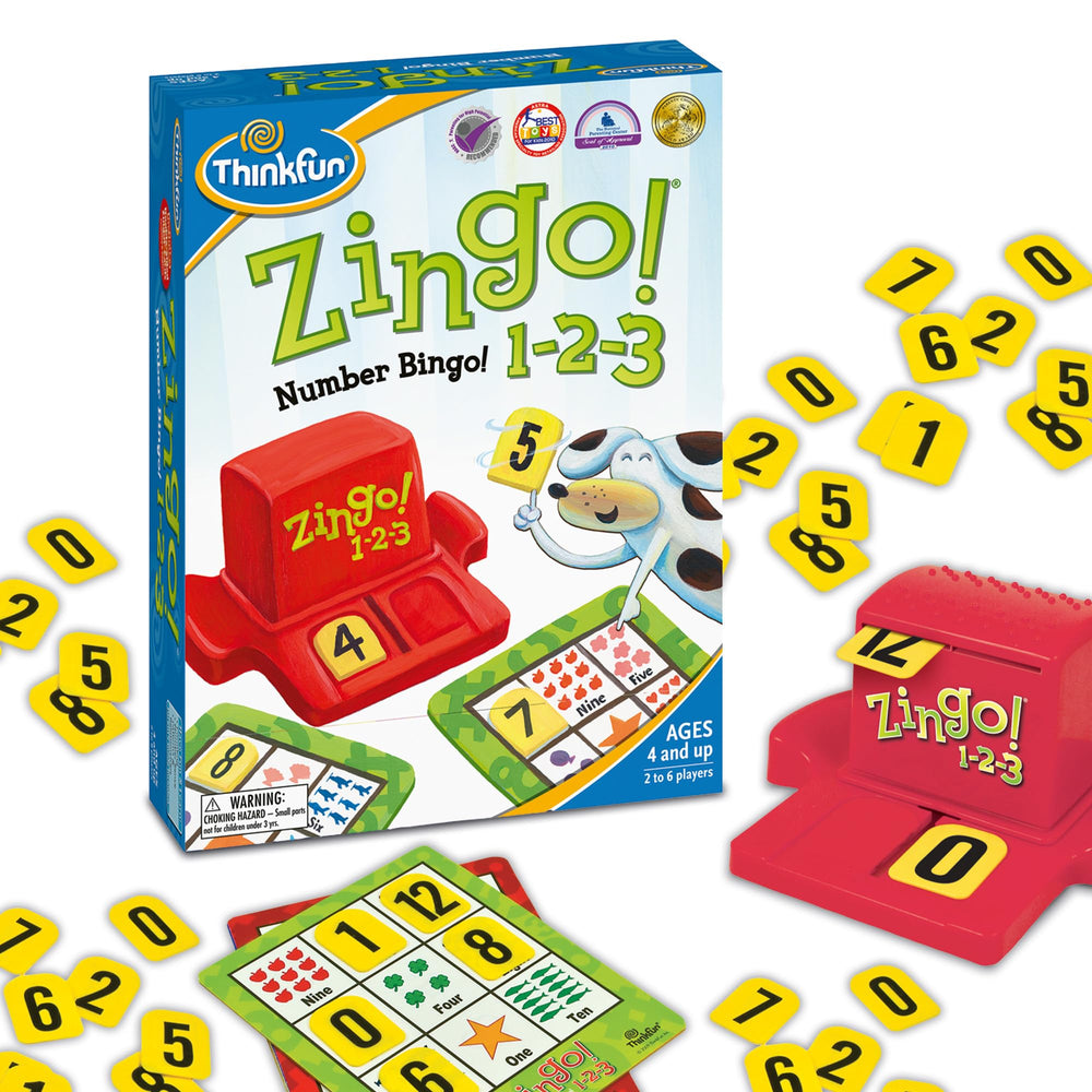 ThinkFun Zingo 1-2-3 game box showing award-winning learning fun with counting and word recognition