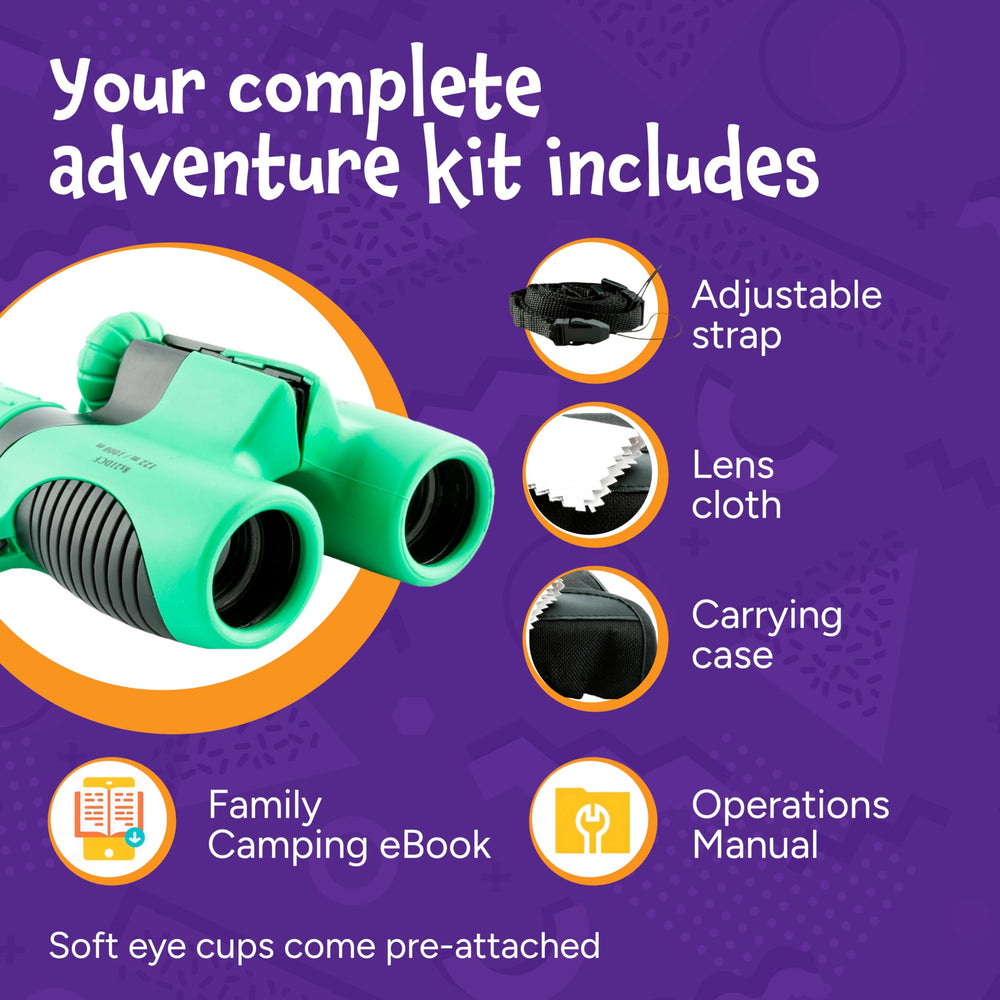 Think Peak binoculars educational pack illustrates kids learning through nature during parks and hikes.