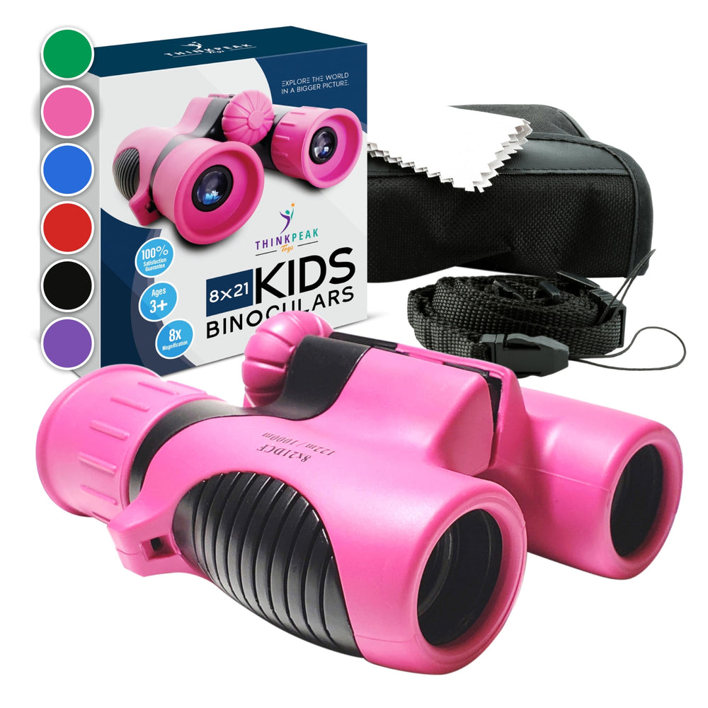 Think Peak Pink Binoculars front view showcases a compact, kid-friendly design for outdoor exploration.