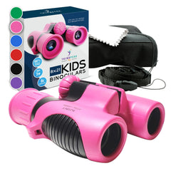 Think Peak Pink Binoculars front view showcases a compact, kid-friendly design for outdoor exploration.