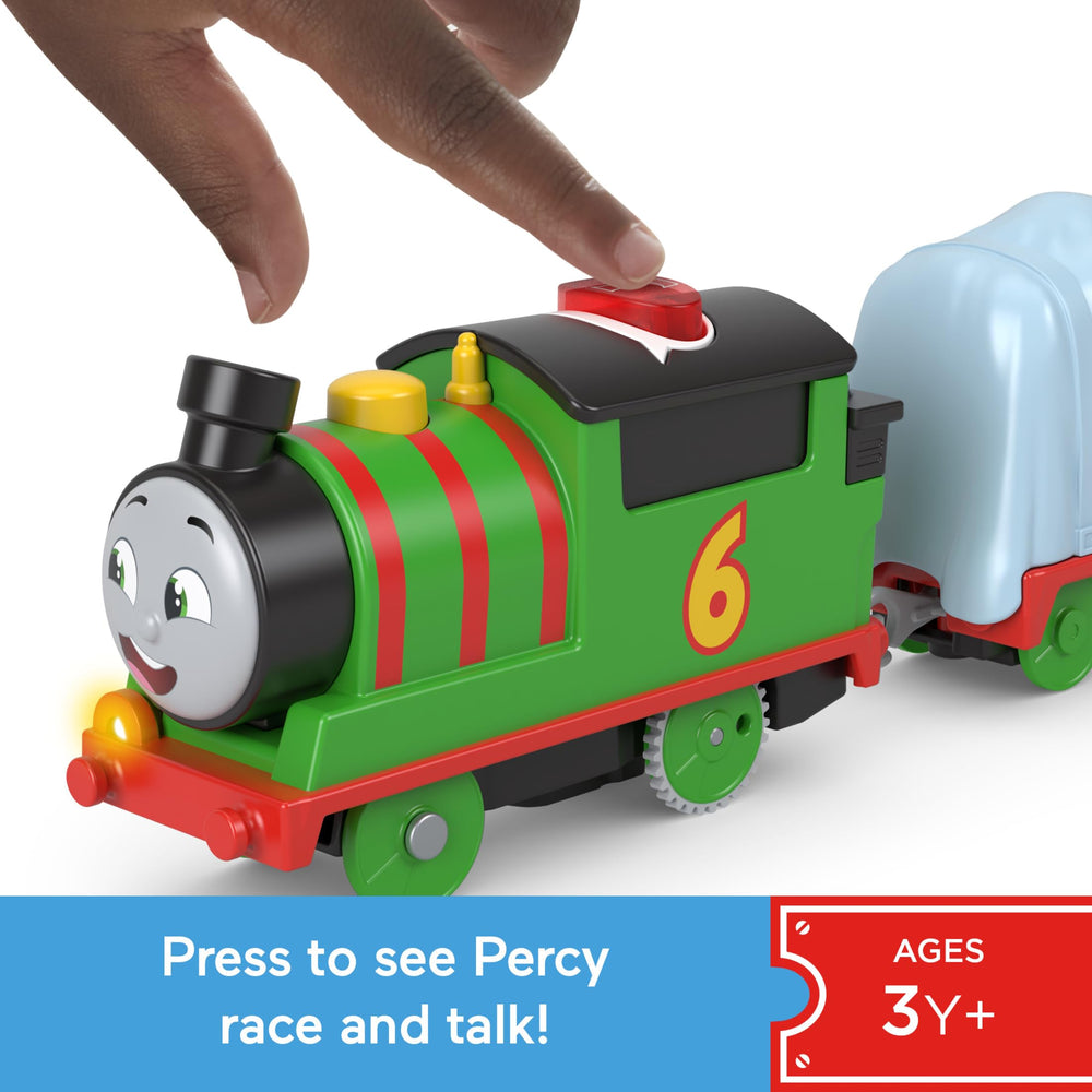 Thomas & Friends Percy top button, press to hear fun sounds and phrases.