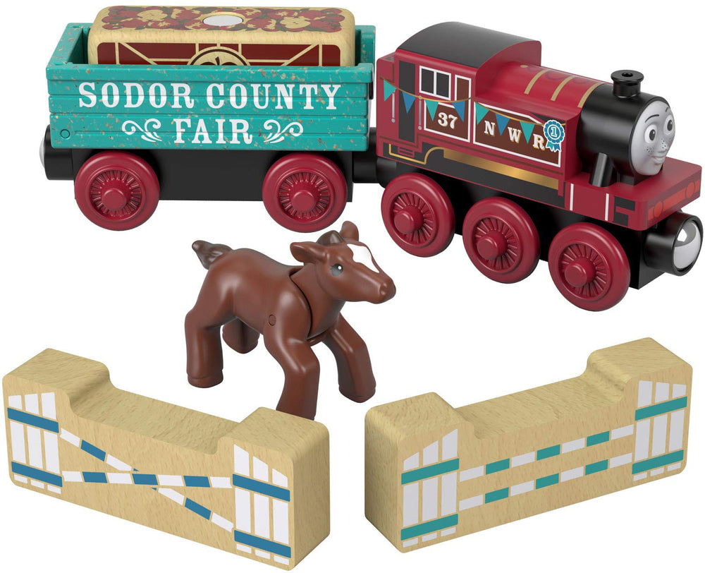 Thomas & Friends Wood Rosie’s Prize Pony figure beside Rosie, ideal for imaginative storytelling.