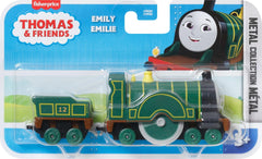 Child pushing Emily engine along track for on-the-go Sodor adventures.