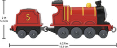 Plastic connectors enable attaching James to other trains for extended play.