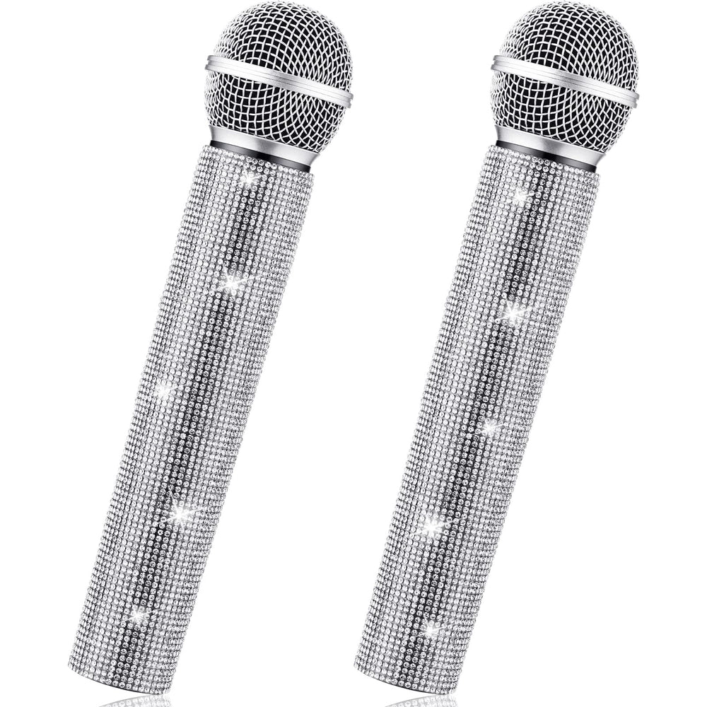 Threan fake microphone prop in silver glitter, ideal for party cosplay and photos.