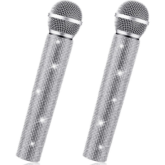 Threan fake microphone prop in silver glitter, ideal for party cosplay and photos.