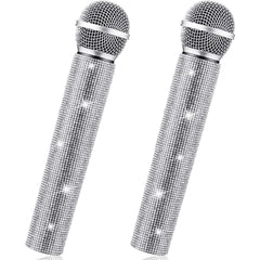 Threan fake microphone prop in silver glitter, ideal for party cosplay and photos.