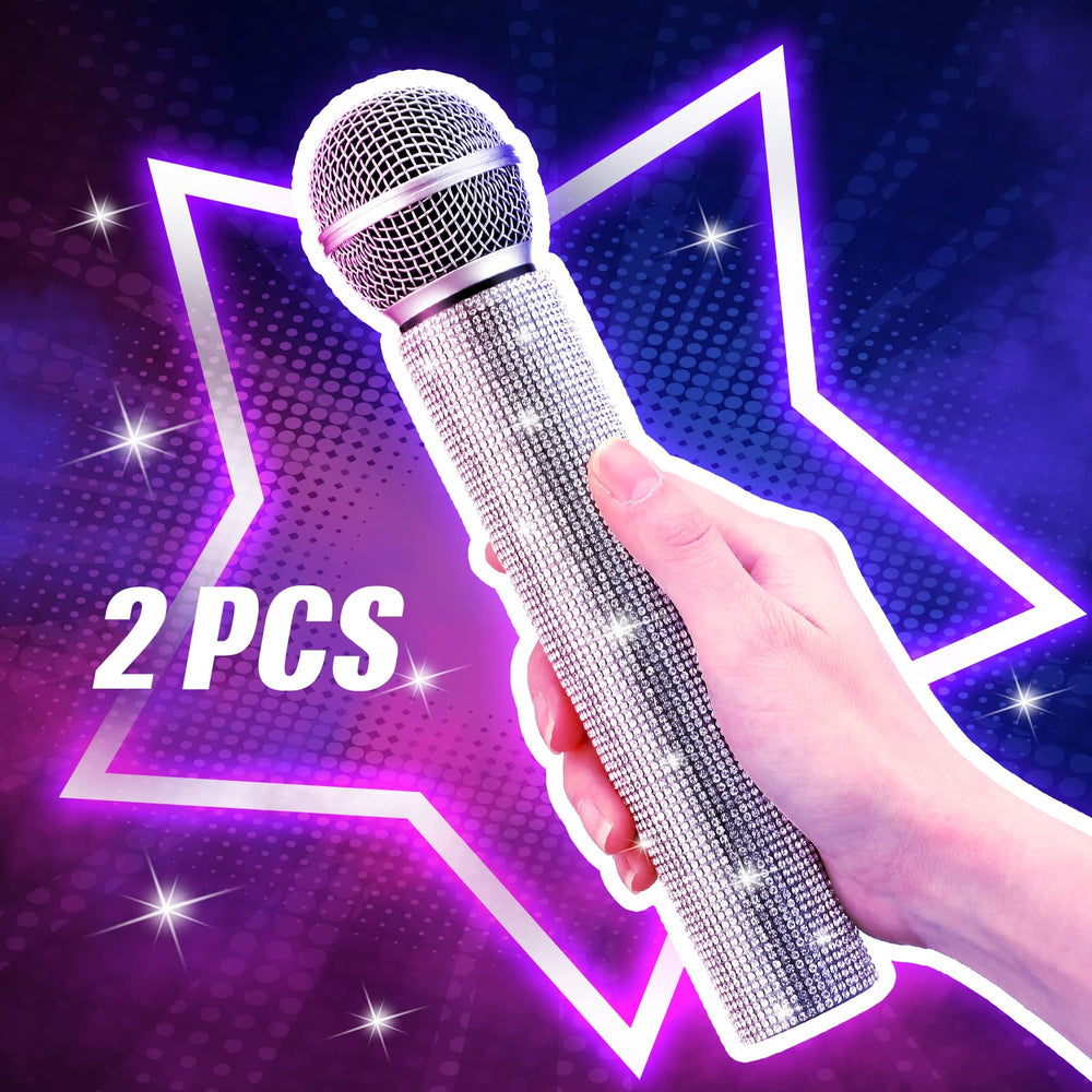 Threan glitter microphone prop with rhinestone outer shell for photo shoots.
