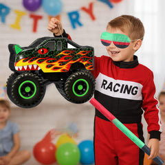 Threan monster truck party photo prop pinata enhances party visuals.
