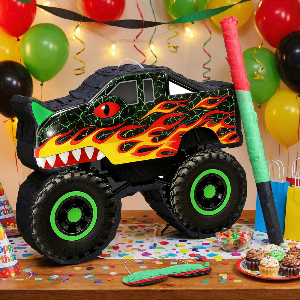 Threan pinata hanging display on ceiling creates a playful party backdrop.