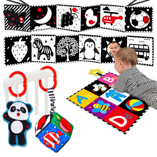 Thremhoo four-piece black-and-white baby toy set for newborn sensory play