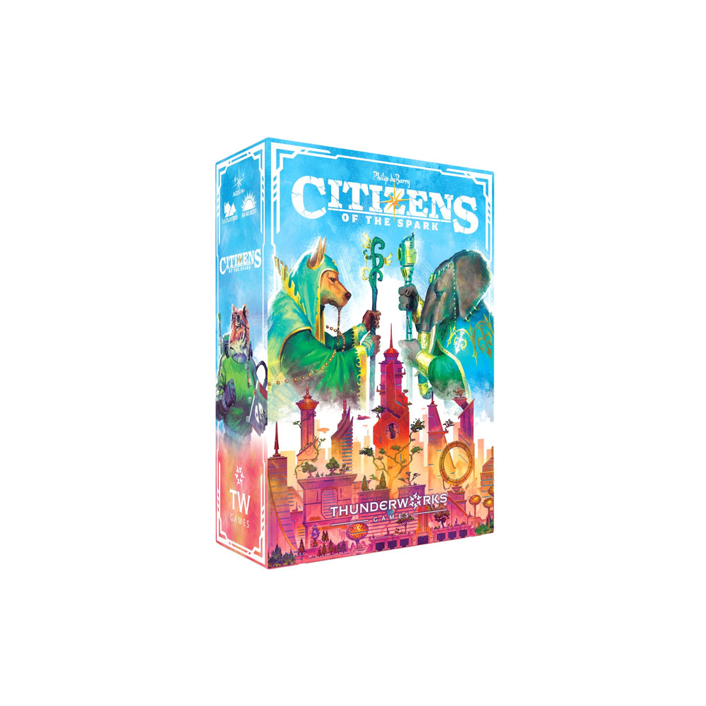 Thunderworks Games Citizens of The Spark box art highlighting vivid sci-fi animal citizens for strategic play.