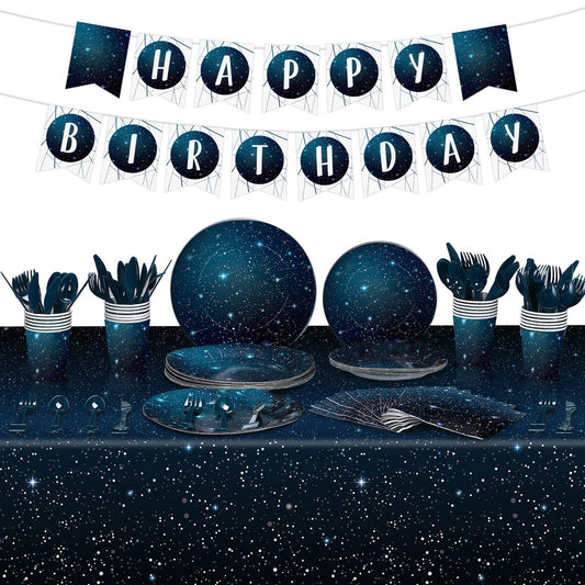 Tiamon 171 pcs galaxy space tableware set with planets and stars pattern for easy party setup.
