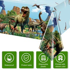 Tiamon dinosaur tablecloth close-up pattern blue shows sturdy plastic and vivid imagery