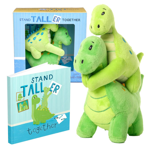 Tickle & Main big brother dinosaur plush set shown for sibling bonding through imaginative play.