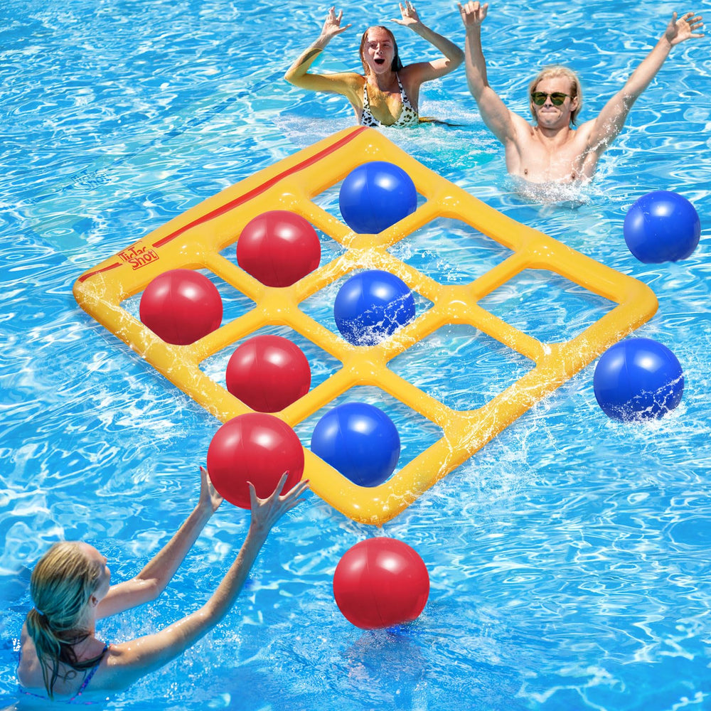 TicTac Shot inflatable tic-tac-toe board for pool play, sturdy and family-friendly.
