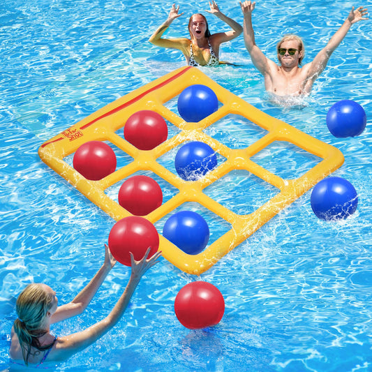 TicTac Shot inflatable tic-tac-toe board for pool play, sturdy and family-friendly.