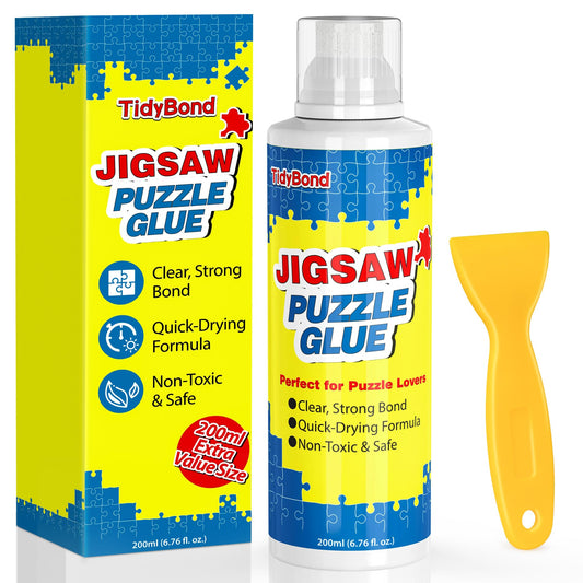 Tidybond jigsaw glue bottle with crystal-clear finish preserves puzzle colors