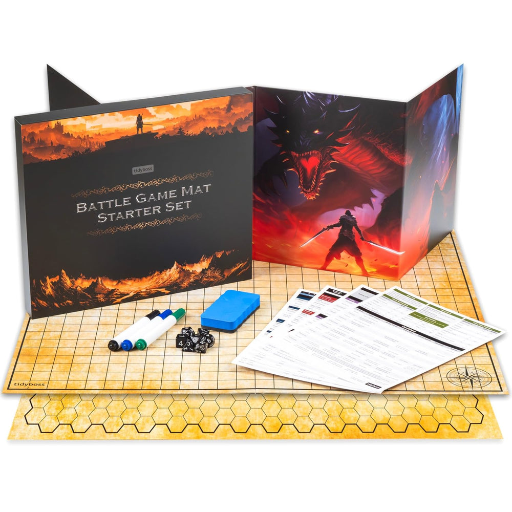 TIDYBOSS DND foldable battle mats show dual-grid layouts for fast setup and immersive play
