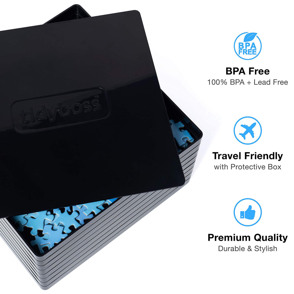 TIDYBOSS puzzle sorting trays with black background for clear piece contrast.