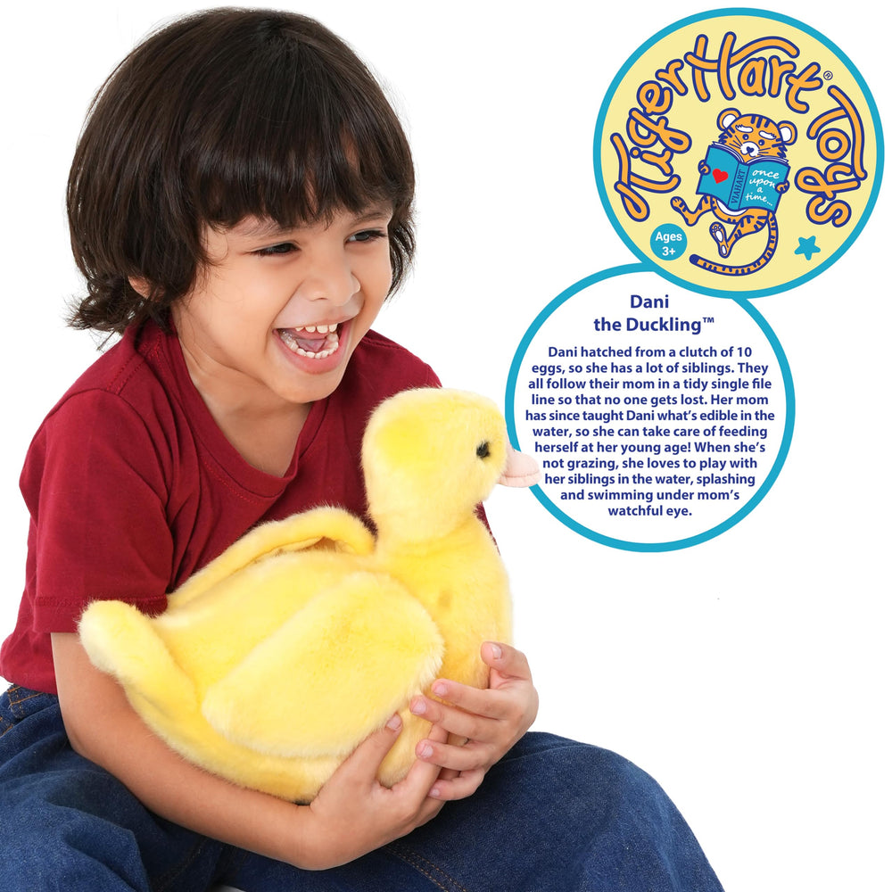 TigerHart Dani duckling plush in a hugging pose highlighting its huggable design.