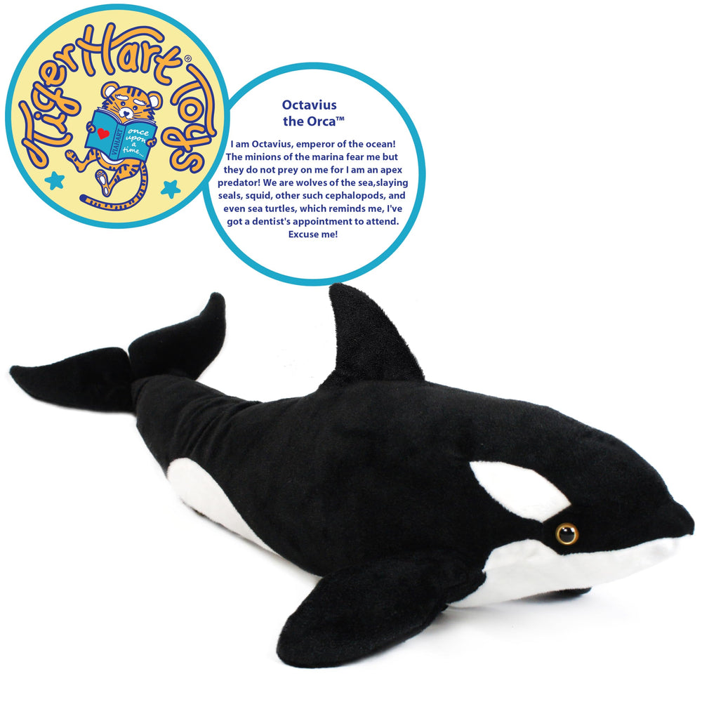 Back view of Octavius Orca plush highlighting secure stitching