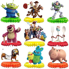 Tihufe Toy Story honeycomb centerpiece, bold colors for a lively party table.