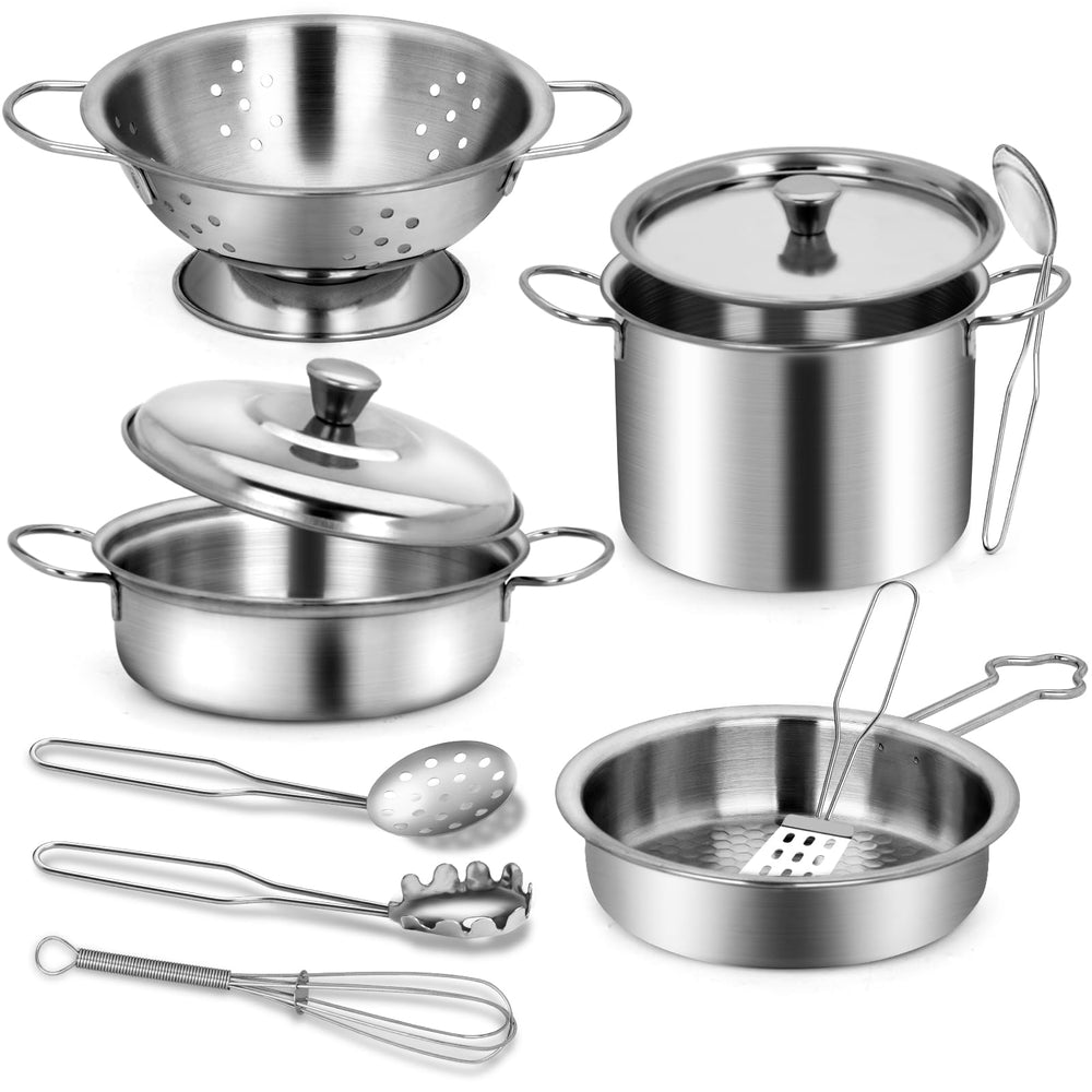 TikOnsYol stainless steel cookware with rack, durable and easy to clean for playtime.