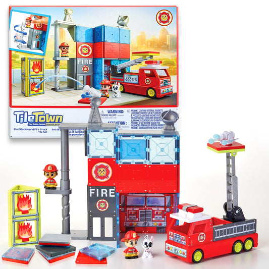 Tile Town Fire Station magnets create a vivid firefighter world for kids.