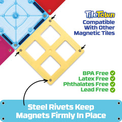 Tile Town magnetic tiles with steel rivets ensure secure snap-together construction.