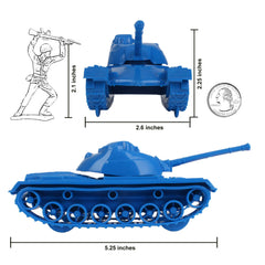 Tim Mee Toy blue M48 Patton turret-rotation enhances interactive battle scenarios.