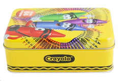 The Tin Box Crayola storage with hinge, lid open for quick access.