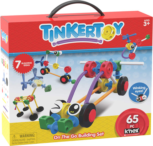 Tinkertoy On The Go set with train model demonstrates durable, snap-together play for developing coordination.