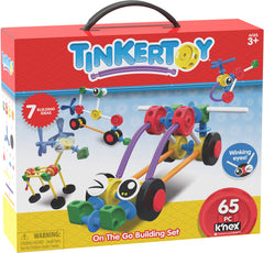 Tinkertoy On The Go set with train model demonstrates durable, snap-together play for developing coordination.