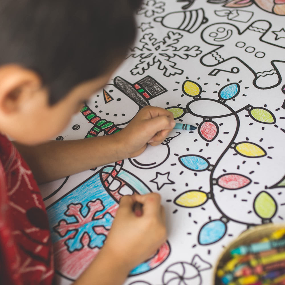 Tiny Expressions tablecloth helps keep tables clean during Christmas arts and crafts.