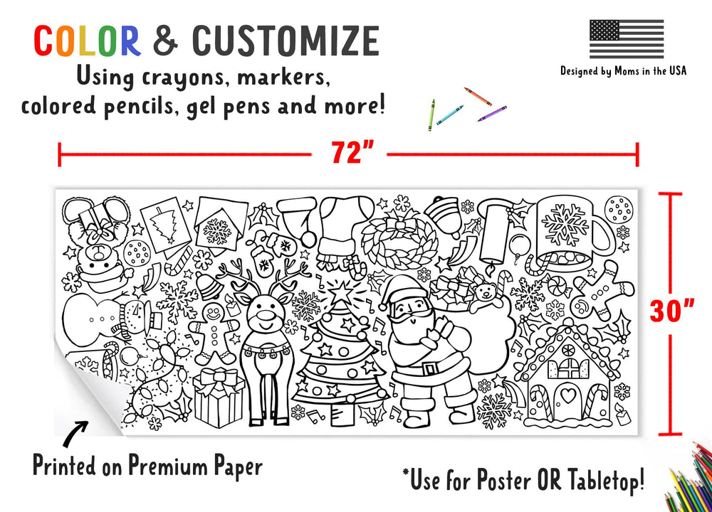 Tiny Expressions Christmas coloring tablecloth wall display doubles as festive decor.