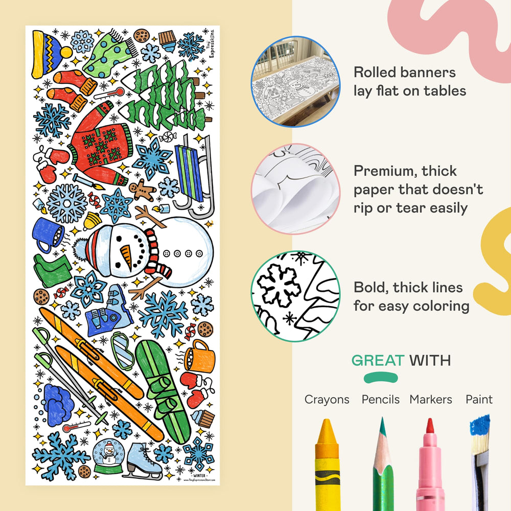 Tiny Expressions winter coloring poster shown on wall as festive decor and color activity