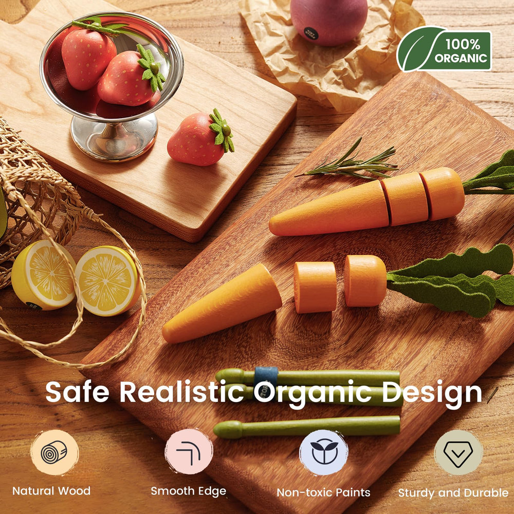 Tiny Land carrots wooden vegetables promote fine motor play in pretend markets.