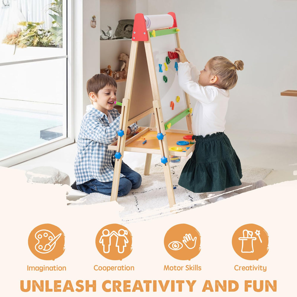 Tiny Land easel magnetic dry-erase board for marks and magnets.