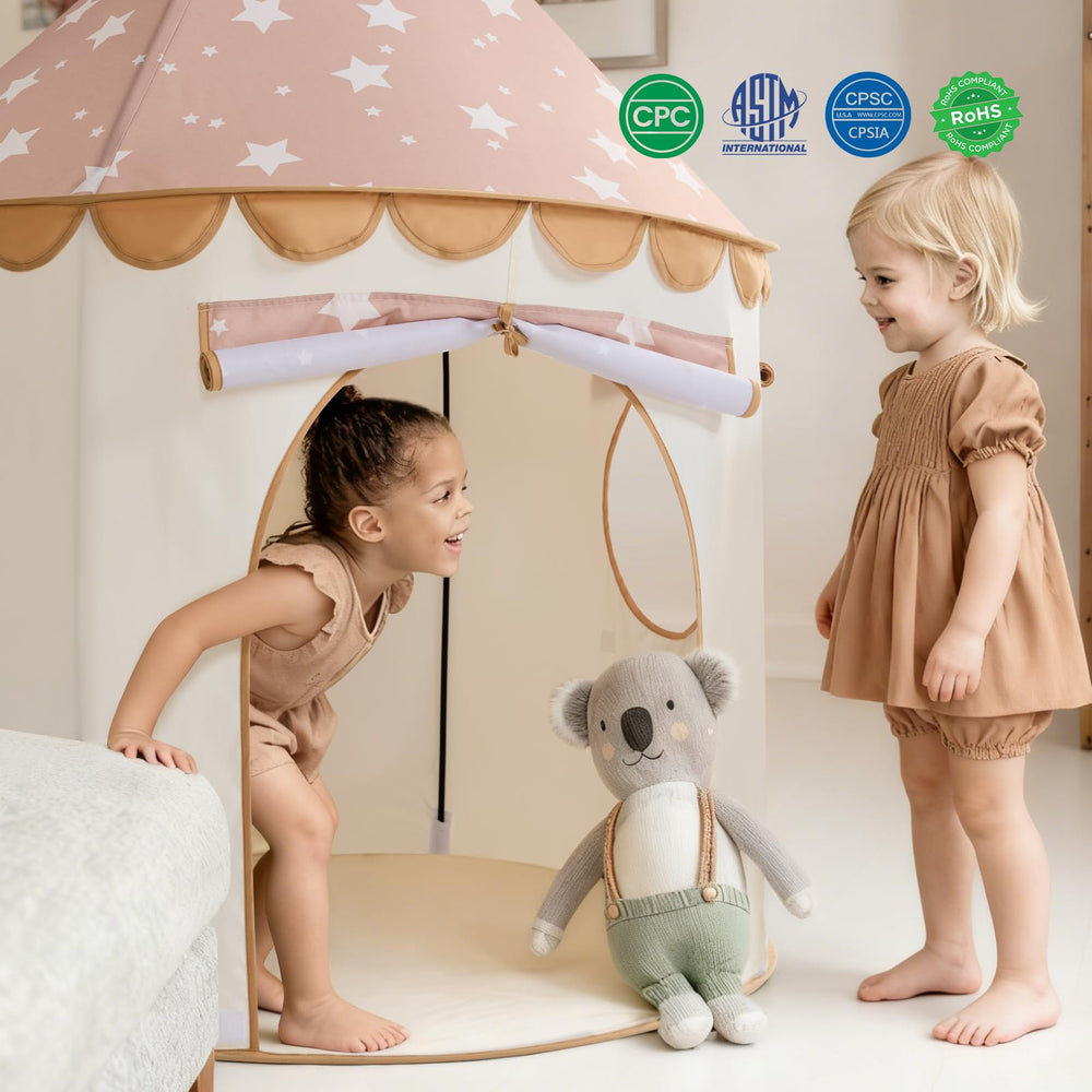 Tiny Land Khaki Castle Tent children playing inside a cozy space.