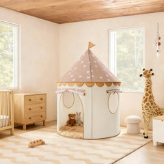 Tiny Land Khaki Castle Tent with two breathable windows for light.
