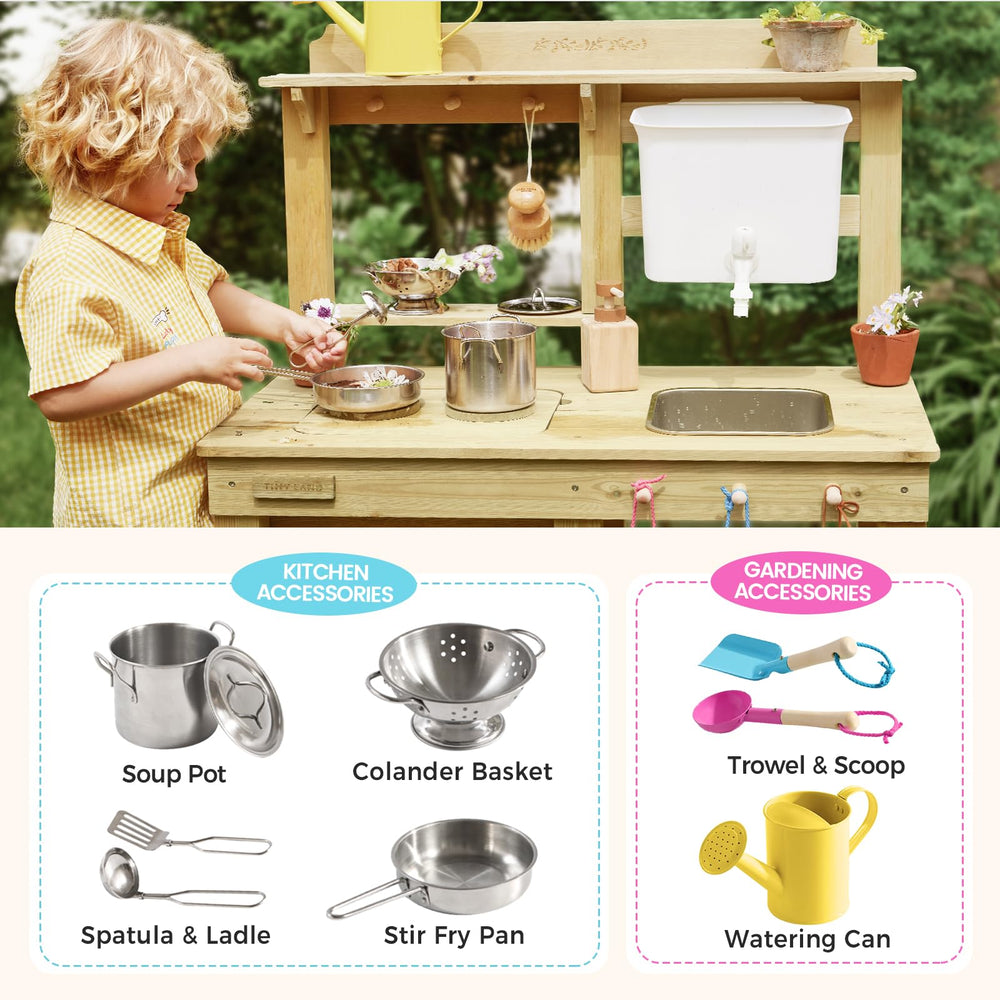 Tiny Land mud kitchen sink-faucet demonstrates real-water interactions for washing veggies