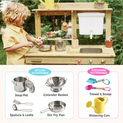 Tiny Land mud kitchen sink-faucet demonstrates real-water interactions for washing veggies