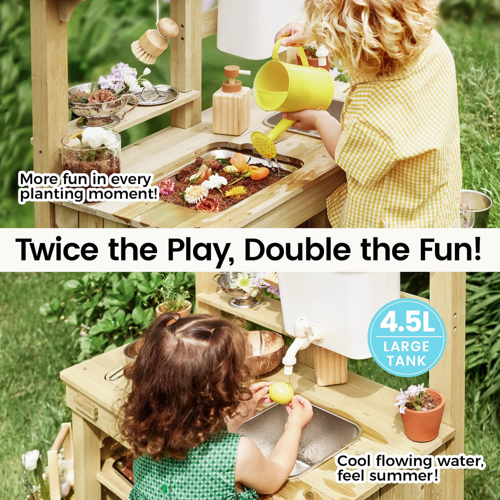 Tiny Land mud kitchen storage-area provides roomy access to accessories and ingredients