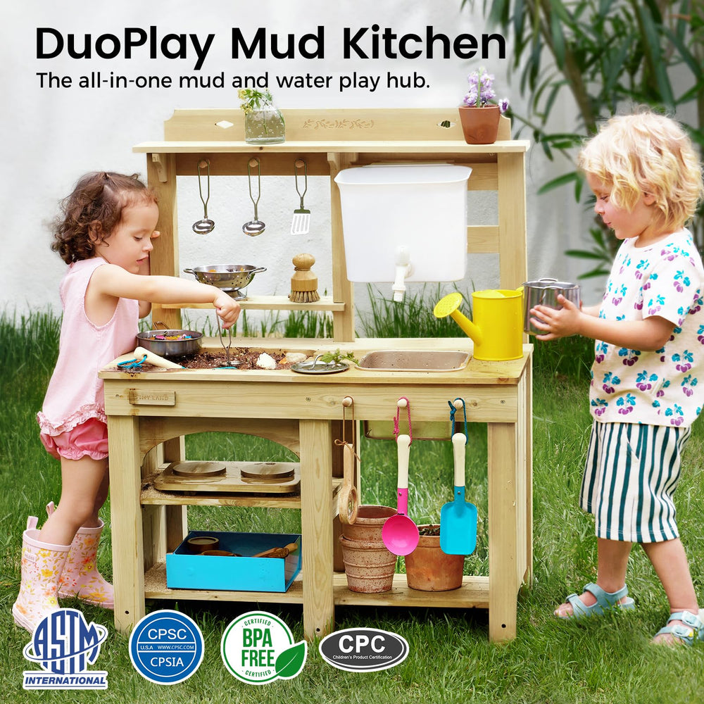 Tiny Land mud kitchen water-tank enables water play on sunny days with splashy fun