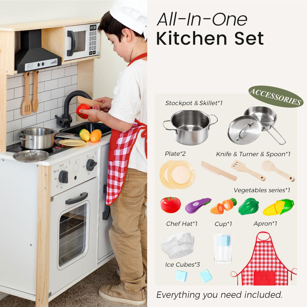 Tiny Land play kitchen cookware set supports sharing and coordinated play.